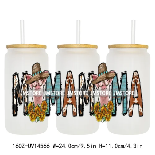 Howdy Western Mama Cowhide UV DTF Wraps Transfer Sticker Selfadhesive Waterproof High Quality For 16OZ Libbey Glass Can Tumbler