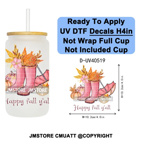 Cozy Autumn Fall Pumpkin Spice UV DTF Decals Ready To Apply Waterproof Transfer Stickers DIY Crafts For 16OZ Libbey Glass Can