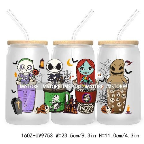 Spooky Cartoon Halloween 16OZ UV Cup Wrap DTF Transfer Stickers For Libbey Glass Can Cups Tumbler Waterproof Labels Scare Crew