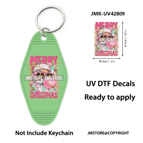 Holly Jolly Christmas Patchwork Santa UV DTF Motel Keychain Decal Ready To Ship Durable Transfer Stickers For Hotel Keychain