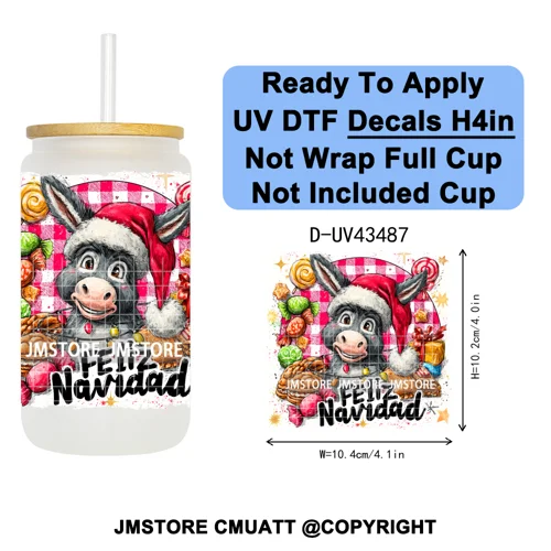 Feliz Navidad Mexican Christmas UV DTF Decals Ready To Apply Waterproof Transfer Stickers DIY Crafts For 16OZ Libbey Glass Can
