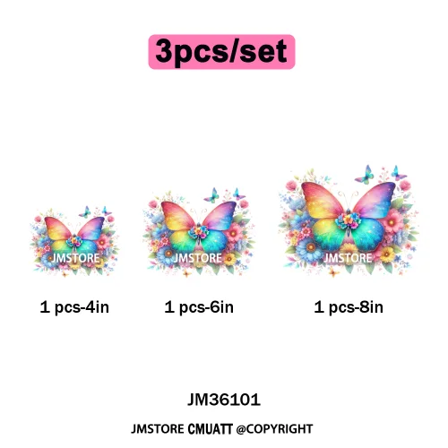 Colorful Sparkling Rainbow Butterflies Flowers Lovers Washable Iron on DTF Transfers Stickers Diy Ready to Press for Clothes