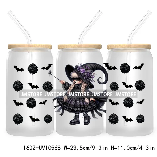 Gothic Girl Gnomes Halloween 16OZ UV Cup Wrap DTF Transfer Stickers For Libbey Glass Can Cups Tumbler Labels Spooky Bats Witch