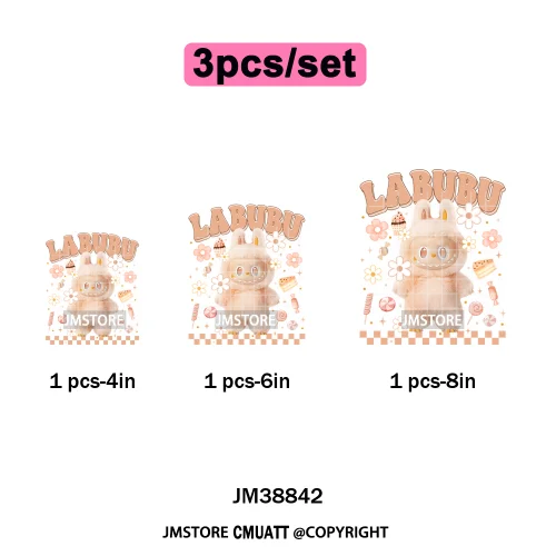 Floral Cute Checkered Cartoon Monster Character Iron on DTF Washable Transfers Stickers Designs Ready to Press for Textile Bags