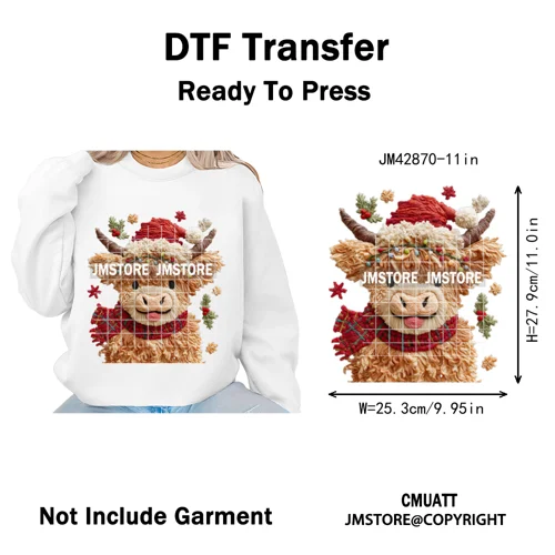 Faux Latch Hook Yarn Crochet Christmas Highland Cow Santa Iron on DTF Washable Transfer Stickers Ready to Press for Garment Bags