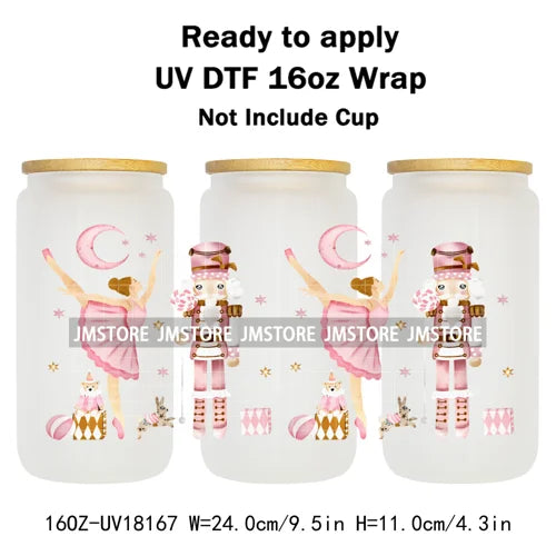Faux Glitter Preppy Nutcracker Christmas UV DTF Cup Wrap Ready To Apply Transfer Sticker 16OZ Tumbler Wraps For Libbey Glass Can