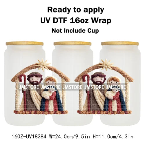 Faux Yarn Crochet Jesus Christmas Religious UV DTF Stickers Ready To Apply Cup Wrap Custom Labels DIY Craft For Libbey Glass Can