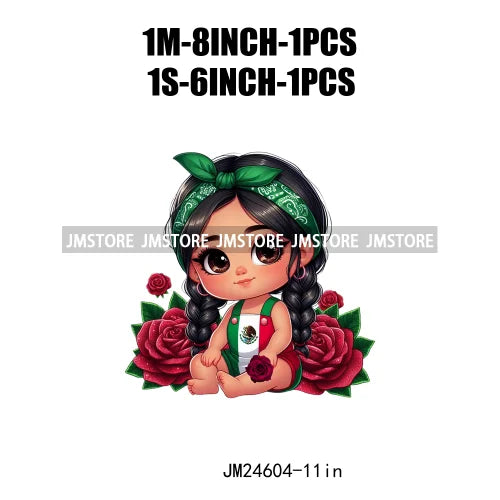 Cute Chibi Mexican Girl Designs Hispanic Red Rose Green Coquette Bow Latina Princess Iron On DTF Transfers Stickers For T-shirts