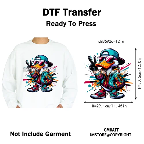12in Cartoon Streetwear Duck Off Hip Hop Gangster Animal Vibes Iron on DTF Transfers Stickers Ready to Press for T-shirts Bags