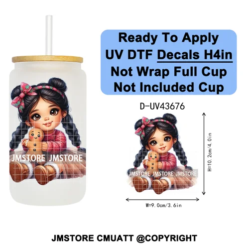 Floral Christmas Latina Chibi Girl UV DTF Transfer Stickers Decals Ready To Apply Good Quality Prints For Libbey Cold Cup Mugs