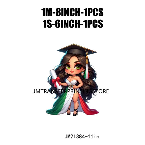 Cool Pretty Chibi Latina College Graduation Girls Educated Diploma Iron On DTF Transfer Stickers Ready To Press For T-shirts