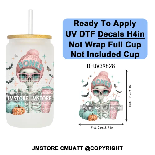 Girly Halloween Ghost Pumpkin Coffee Lover UV DTF Transfer Stickers Decals Ready To Apply Waterproof For 16OZ Libbey Glass Can