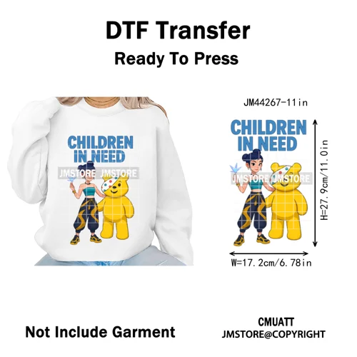 Cute Cartoon Bear Children in Need Charity Raising Kids Iron on Washable DTF Heat Transfers Stickers Ready to Press for Textiles