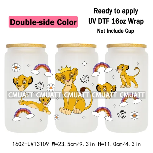 Double Side Color Cartoon Lion UV DTF Cup Wrap Transfer Stickers For 16oz Libbey Glass Beer Selfadhesive Waterproof Adhesive