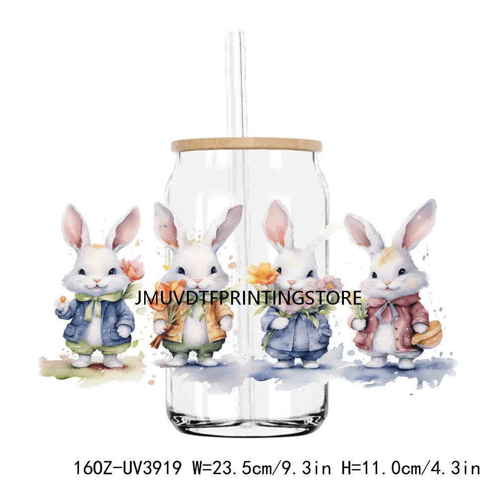 Cute Easter Bunny Rabbit With Flower 16OZ UV DTF Cup Wrap Transfer Sticker Custom Label DIY Waterproof Logo For Libbey Glass Can