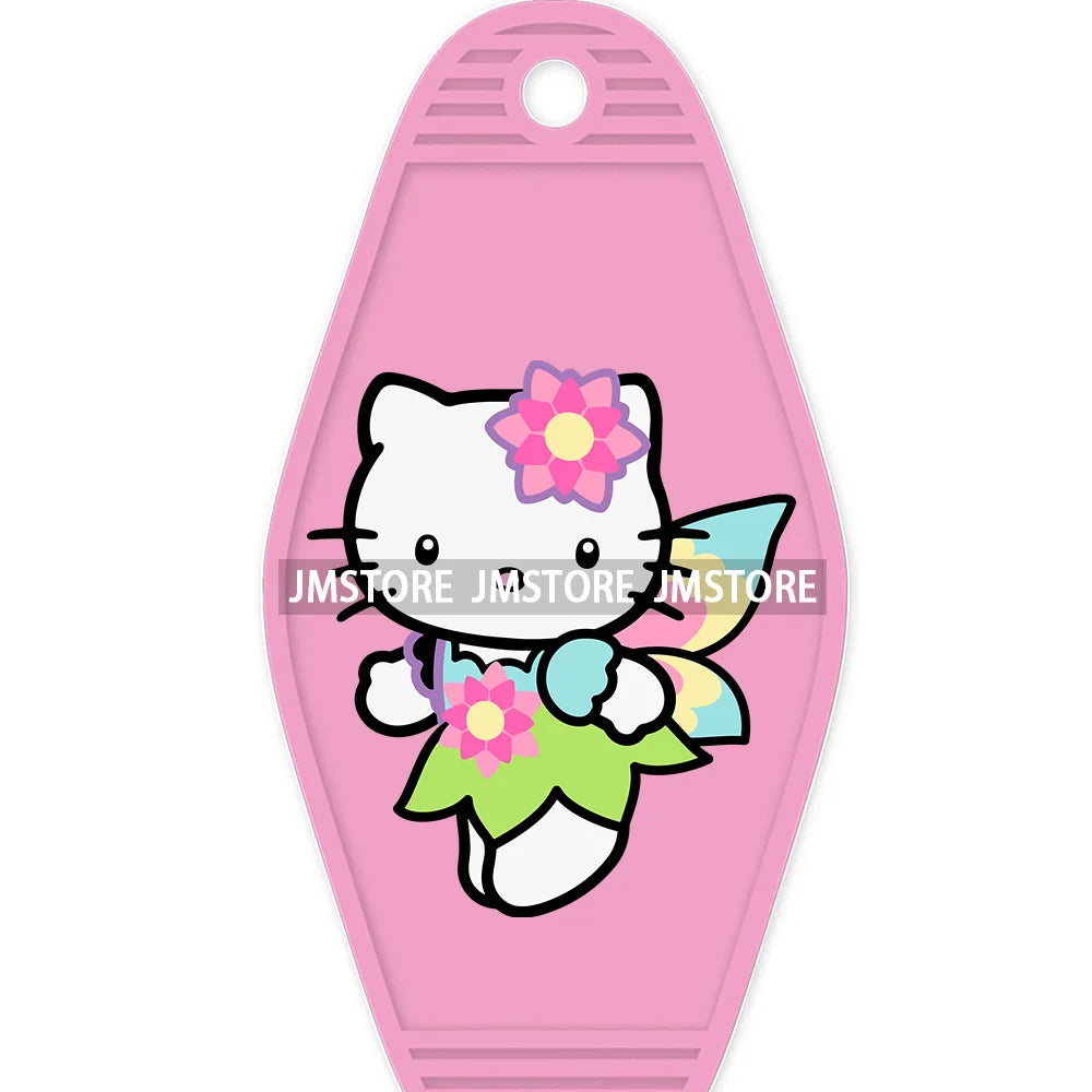 Cute Cartoon Pink Hello Cat With Bow Flower High Quality WaterProof UV DTF Sticker For Motel Hotel Keychain Labels DIY Logo