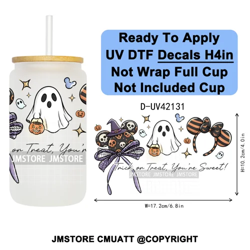 Spooky Halloween Mouse Ears Cartoon Character UV DTF Transfer Sticker Decals Ready To Apply Waterproof For 16OZ Libbey Glass Can