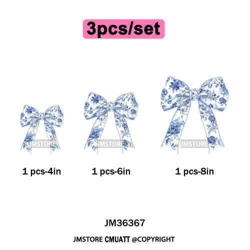 Blue And White Toile Chinoiserie Floral Coquette Bow Thermal Decals Iron on DTF Transfers Stickers Ready to Press for Clothing
