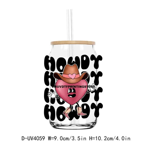 Western Howdy Cowgirl Valentine's Day UV DTF Sticker For 16OZ Libbey Glass Cup Can Wrap Transfer Sticker Custom Labels DIY Logo