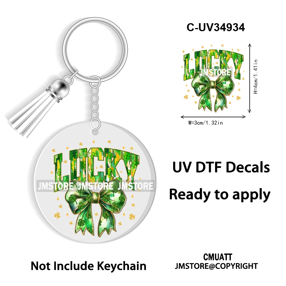 Faux Glitter Lucky Shamrock Coquette St. Patrick's Day WaterProof UV DTF Stickers For Round Circle Acrylic Keychain Key Ring