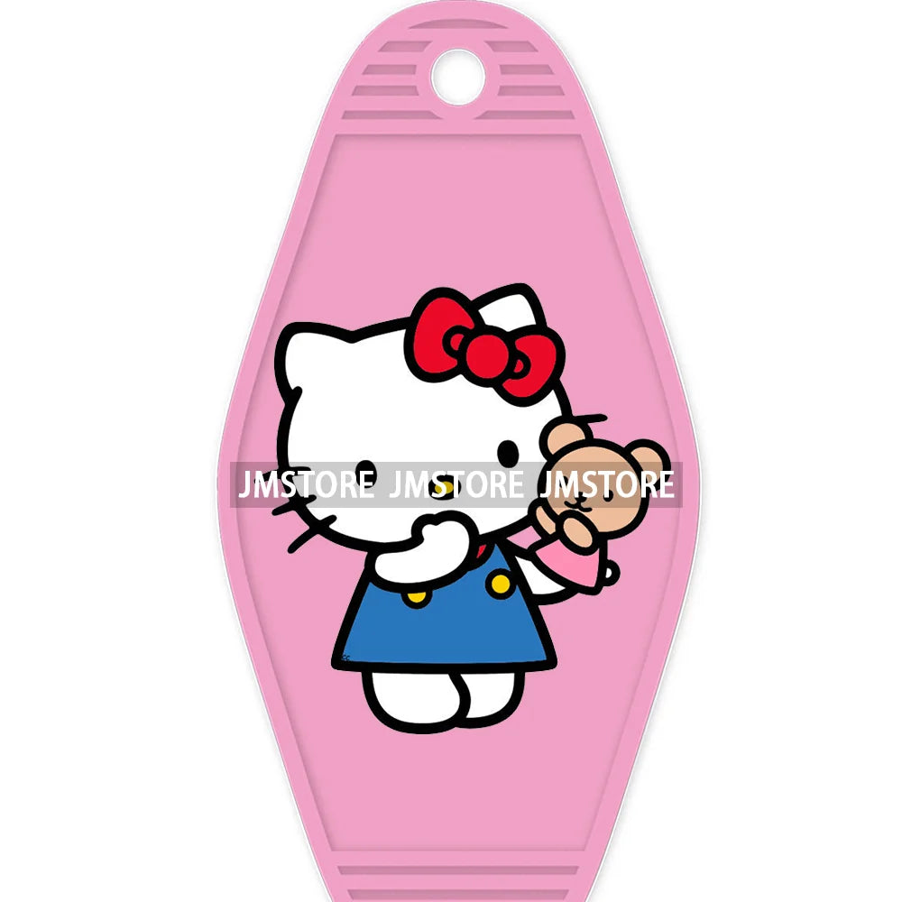 Cute Cartoon Pink Hello Cat With Bow Flower High Quality WaterProof UV DTF Sticker For Motel Hotel Keychain Labels DIY Logo