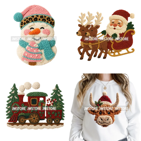 Preppy Faux Yarn Santa Tree Reindeer Cow Christmas Season Iron on DTF Washable Transfers Stickers Ready to Press for Clothing