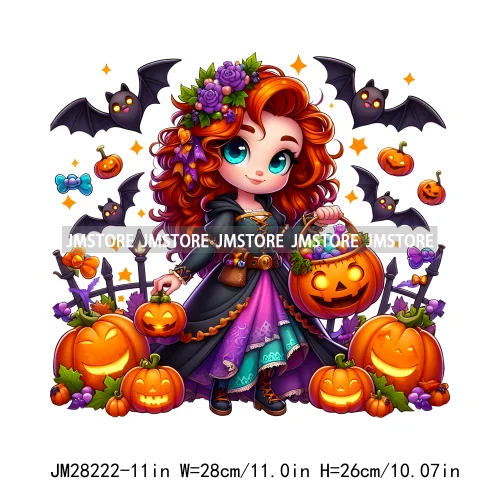 Washable Chibi Spooky Princess Pumpkin Halloween Trick Or Treat Witch Iron On DTF Transfers Stickers Ready To Press For Hoodies