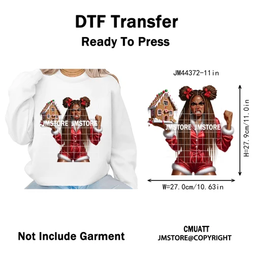 Funny Xmas Afro Glam Girly Gifts Holly Christmas Light Iron on Washable DTF Heat Transfers Stickers Ready to Press for Clothes