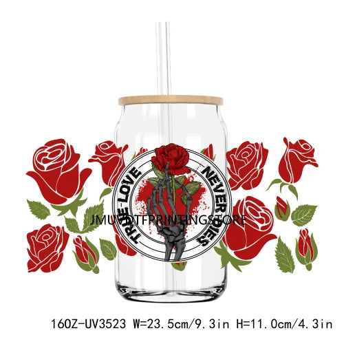 Valentine's Day Skull Skeletion Flower UV DTF Sticker For 16OZ Libbey Glass Cup Can Wrap Transfer Sticker Custom Labels DIY Logo