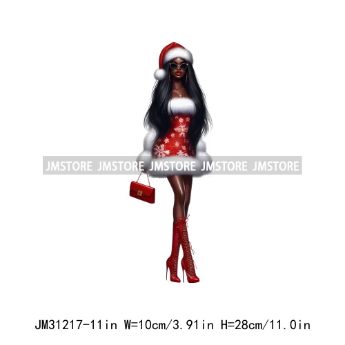 Merry And Bright Melanin Christmas Winter Festive Cheer Santa Woman Iron On DTF Transfer Stickers Ready To Press For Sweatshirts