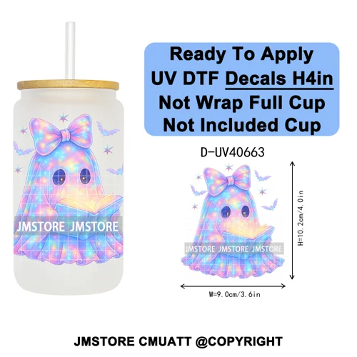 Iridescent Ghost Pumpkin Coquette Halloween UV DTF Transfer Stickers Decals Ready To Apply Waterproof For 16OZ Libbey Glass Can