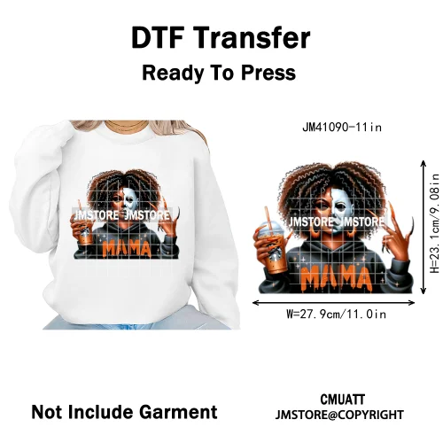 Horror Afro Mama Coffee Lover Scary Girly Killer Halloween Movie Iron on DTF Transfers Stickers Ready to Press for Textile Bags