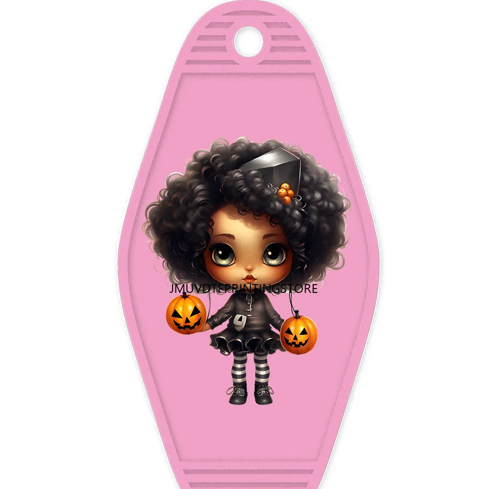 Halloween Pumpkin Cute Afro Girls High Quality WaterProof UV DTF Sticker For Motel Hotel Keychain Festival Gifts