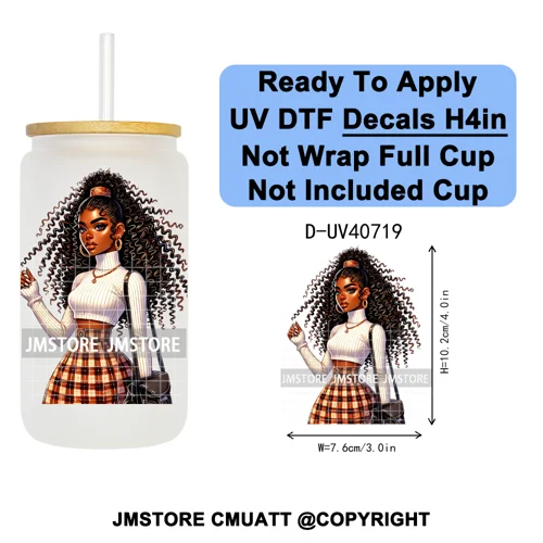 Big Hair Fashionable Black Girl UV DTF Decals Ready To Apply Waterproof Transfer Stickers DIY Crafts For 16OZ Libbey Glass Can