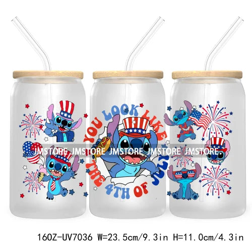 Happy 4TH Of July Cartoon Bear Friends 16OZ UV DTF Cup Wrap Transfer Stickers For Libbey Glass Can Cups Tumbler Waterproof Craft