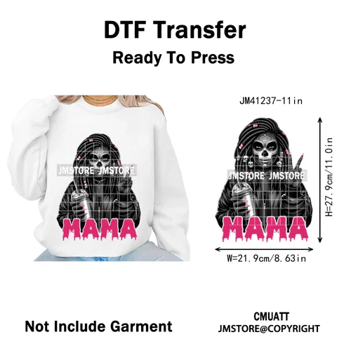 Black Girls Coffee Drinking Halloween Scary Movie Killer Mama Iron on Washable DTF Transfers Stickers Ready to Press for Clothes