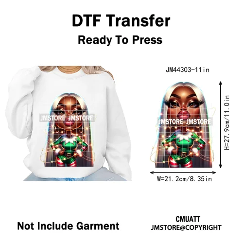 Sassy Black Girl Santa Christmas Bright Gingerbread Iron on Washable DTF Heat Transfers Stickers Ready to Press for Sweatshirts