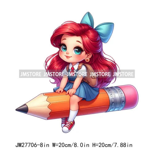 Cartoon Back To School Teach Love Book Pencil Princess Girls Decals DTF Iron On Transfers Stickers Ready To Press For Clothes