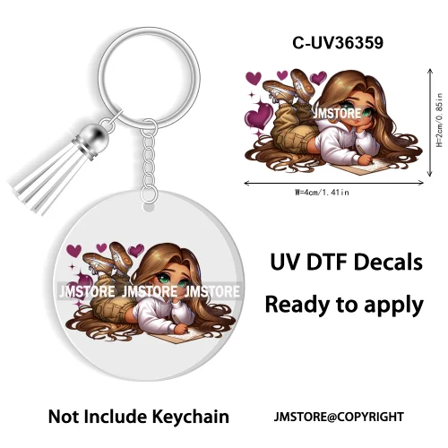 Cartoon Princess Reading Bookish UV DTF Decal Round Keychain Ready To Apply WaterProof Transfer Stickers For Circle Keychain