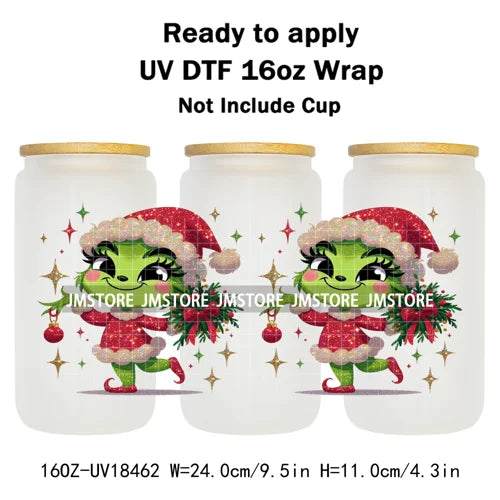 Faux Glitter Christmas Girl Green Guy UV DTF Stickers Ready To Apply Cup Wrap Custom Labels DIY Craft For Libbey Glass Can Mugs