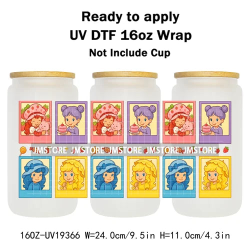 Strawberry Girls Cartoon Magic Mirror UV DTF Transfer Sticker Cup Tumbler Wrap For 16OZ Libbey Glass Wraps Bottle Mug DIY Labels