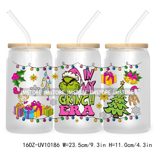 In My Christmas Era UV DTF Sticker For 16OZ Libbey Glass Cup Can Wrap Green Character Transfer Stickers Custom Labels DIY Logo