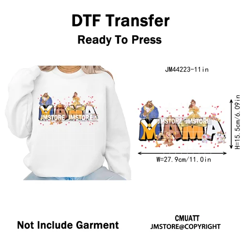 Cartoon Mama Princess Happy Mother's Day Family Vacation Iron on Washable DTF Heat Transfers Stickers Ready to Press for Hoodies