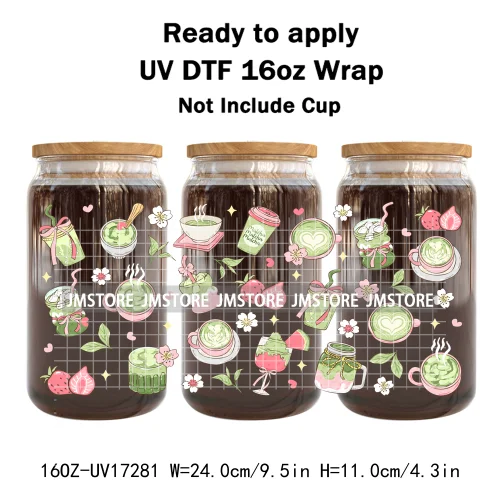 Coquette Green Tea Iced Matcha Latte UV DTF Wrap Transfer Sticker Selfadhesive Waterproof High Quality For 16OZ Libbey Glass Can
