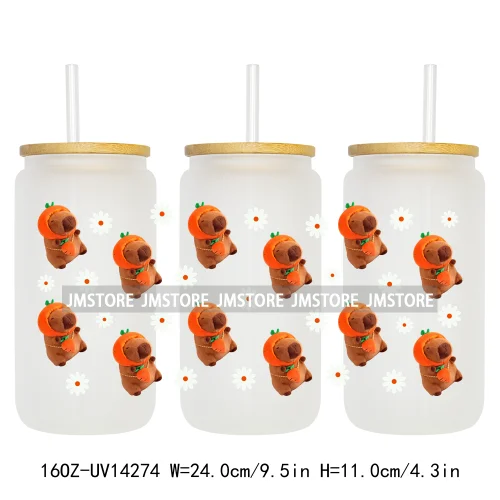 Cute Capybara Flower Heart UV DTF Wraps Transfer Sticker Selfadhesive Waterproof High Quality For 16OZ Libbey Glass Can Tumbler