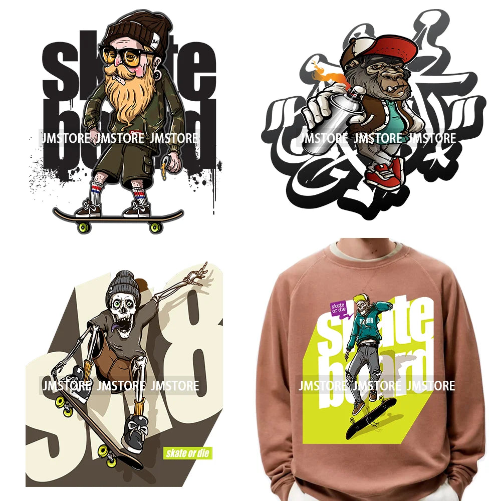 Cool Cartoon Skateboard Streetwear Character Man Decals Iron On Heat Press DTF Transfers Stickers Ready To Press For Clothes