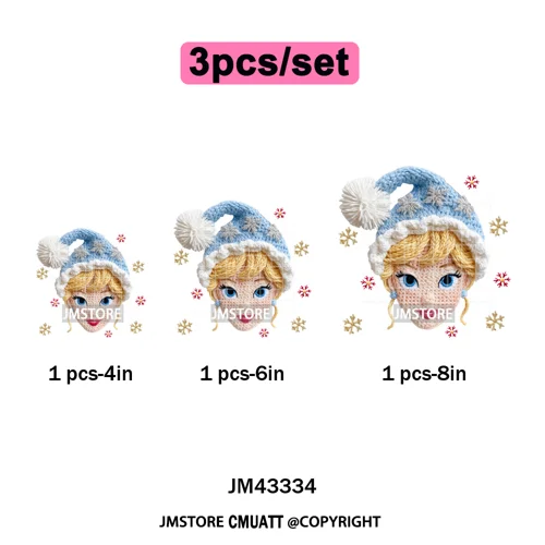 Cute Faux Knitting Yarn Princess Cartoon Character Christmas Holiday Iron on DTF Transfers Stickers Ready to Press for Hoodies