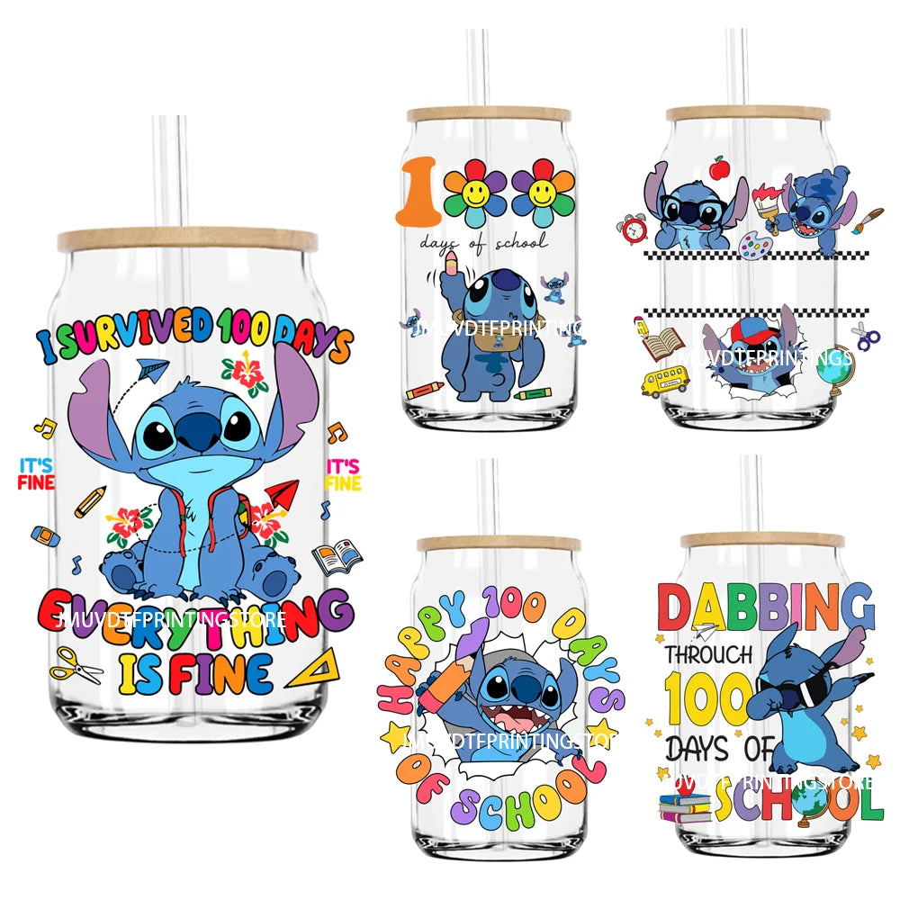 Happy 100 Days Of School Cartoon Character UV DTF Transfers Stickers Decals For Libbey Cold Cup Mugs Tumbler Waterproof DIY Logo