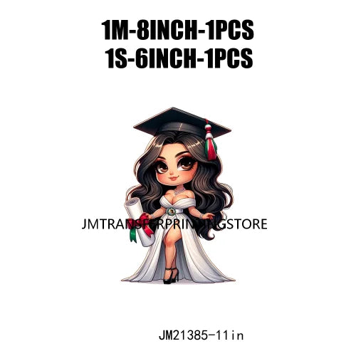 Cool Pretty Chibi Latina College Graduation Girls Educated Diploma Iron On DTF Transfer Stickers Ready To Press For T-shirts