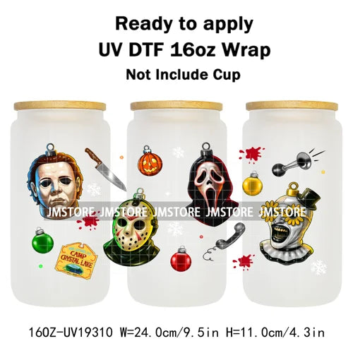 Horror Killers Christmas Ball Stocking Season UV DTF Wraps Transfer Stickers Ready To Apply Waterproof For 16OZ Libbey Glass Can